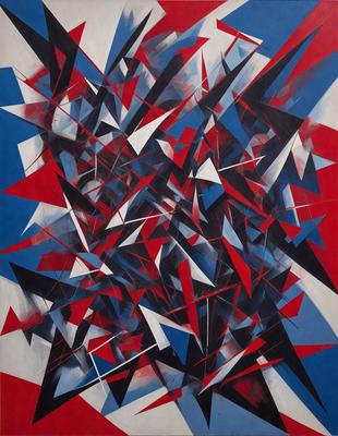 The primary subject of the image is a colorful, abstract painting featuring a mix of red, blue, and white colors. The painting is displayed on a wall, creating a vibrant and lively atmosphere. The visual style of the painting suggests that it is a digital art or illustration, rather than a photo or traditional painting. The colors and mood of the painting evoke a sense of energy and creativity, making it an eye-catching and engaging piece of art.